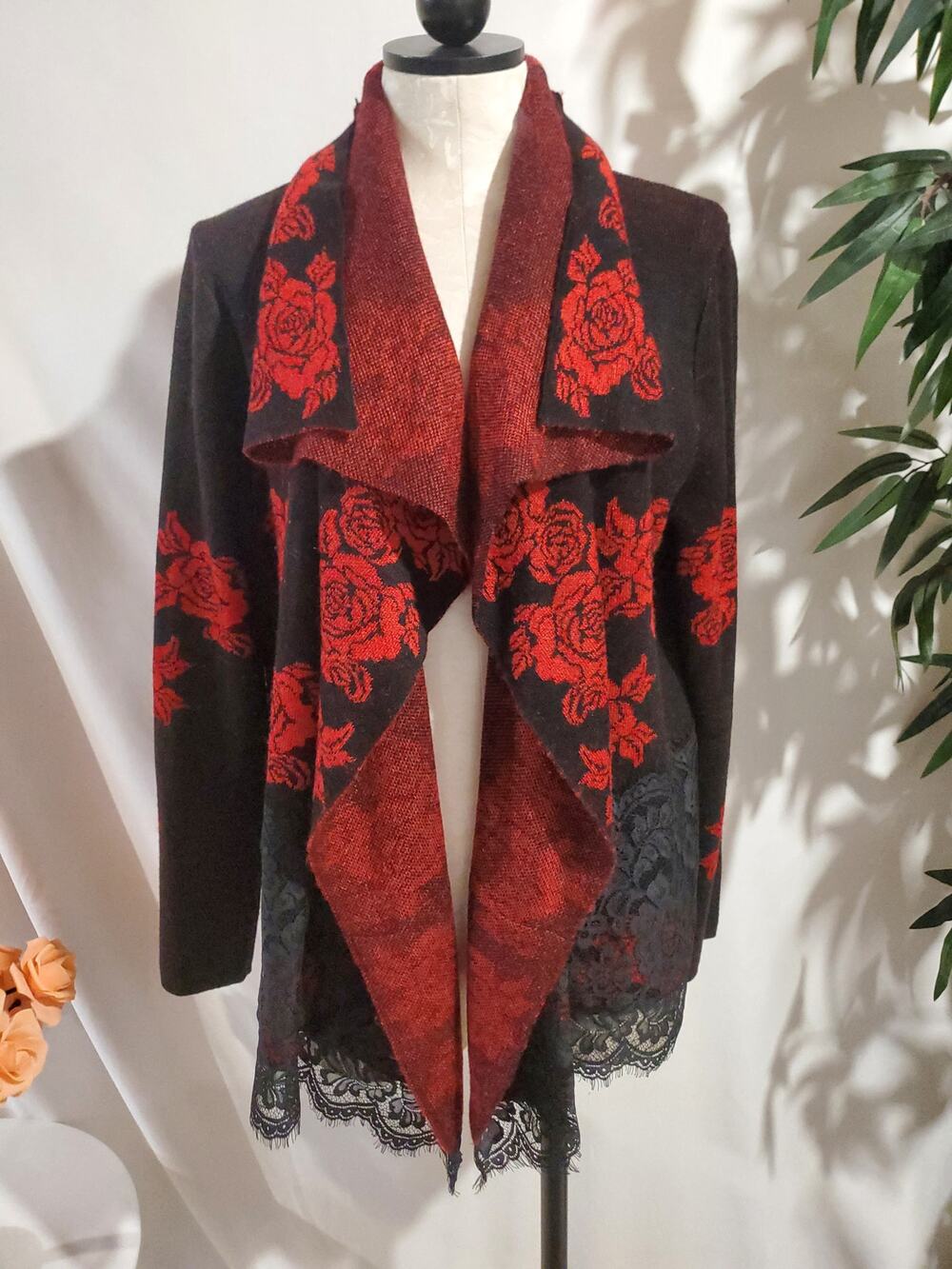 Cupio Floral Rose Lace Trim Open Waterfall Cardigan Sweater Size XL Whimsigoth